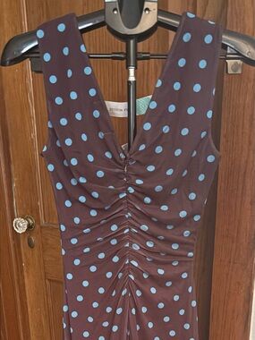 NWT Montgomery Post Stitch Fix Brown Blue Polka Dot Sleeveless V-Neck Midi Dress